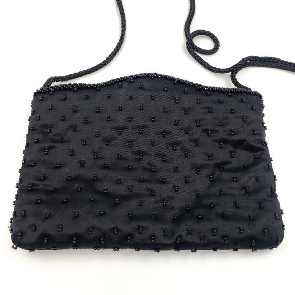 80s La Regale Bag Black Beaded Satin Purse Evening Sparkle Movie Prop Glam Retro - Picture 2 of 5
